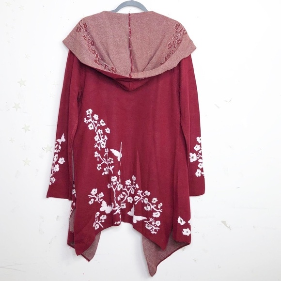 𝅺Vertigo poppy intarsia burgundy & white floral hooded cardi sweater coa… - Picture 11 of 15